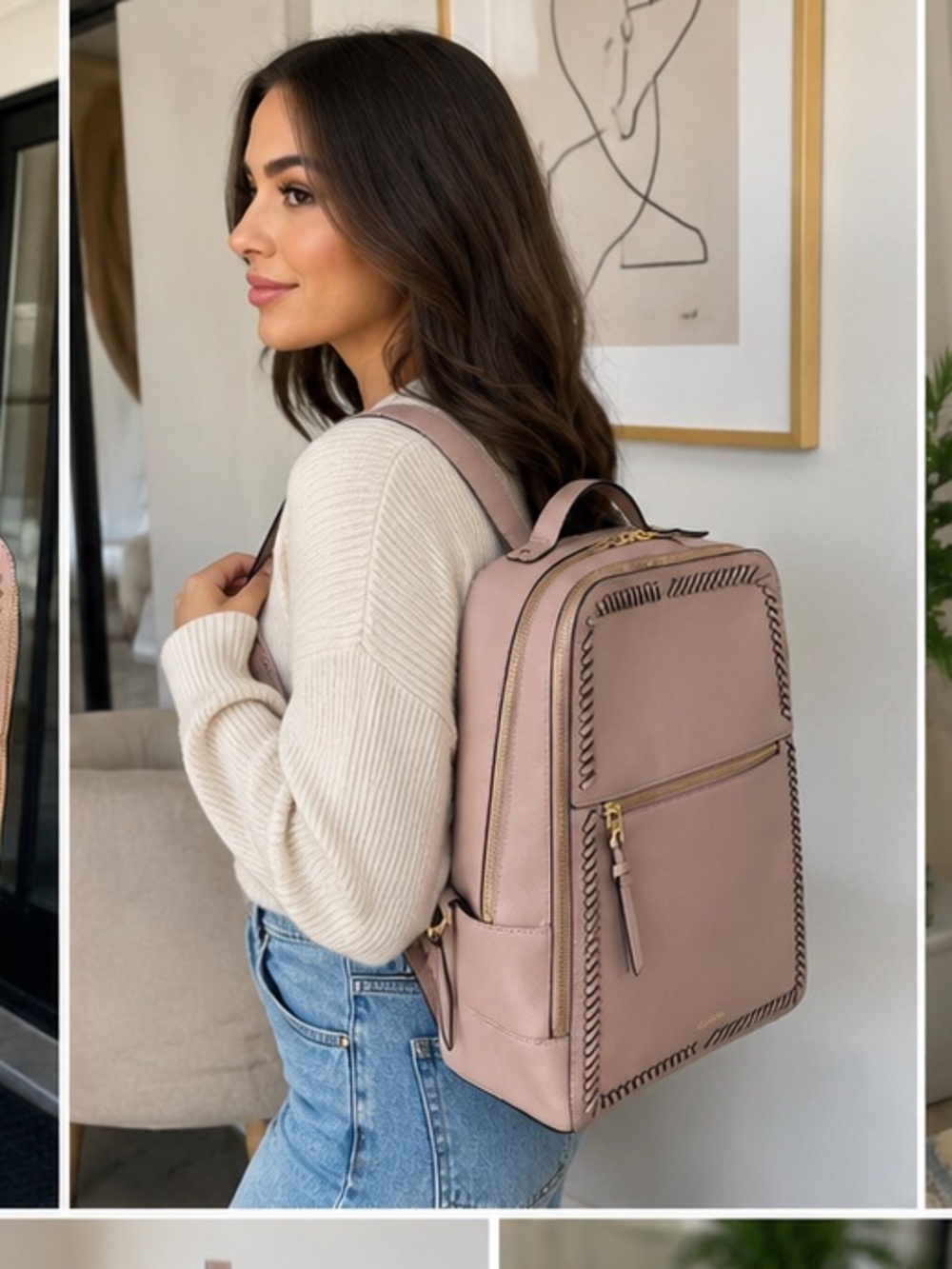 Calpak Dusty Pink Leather Backpack with Braided Trim